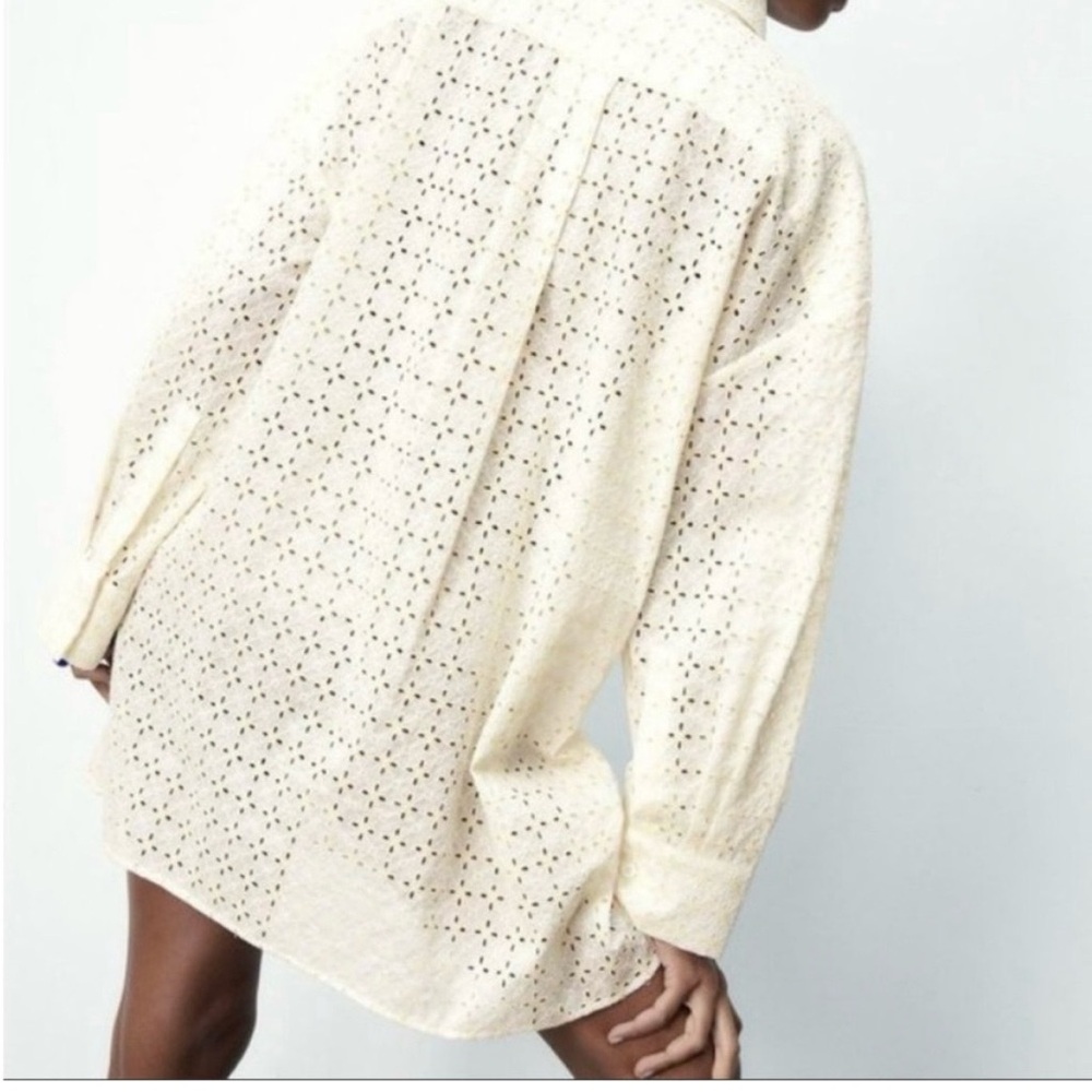 Zara Cream Eyelet Button-Up Tunic Shirt NWT - Picture 2 of 8